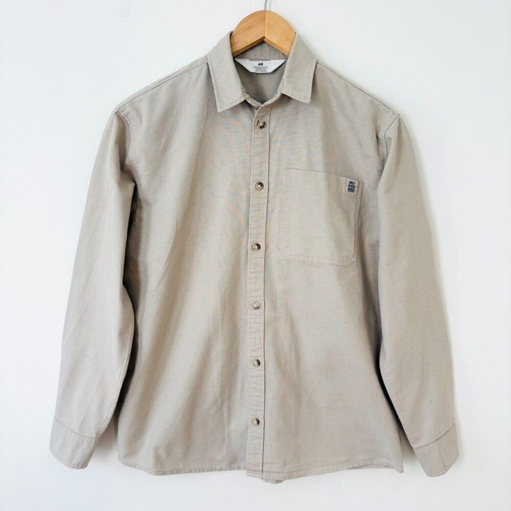 H&M Boys Sz 15-16 Button Down Long Sleeve Shirt Light Beige Cotton Preppy